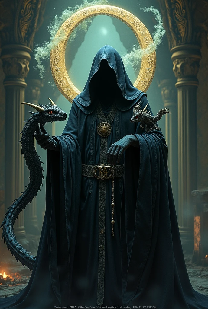 Create a sinister-looking magician in the style of witchcraft, next to him is the letter "O" With a very striking 3D magician theme and its very elaborate style, next to it is a dragon with a peculiar appearance ,Intimidating but at the same time fascinating, the background is a fantastic place. The text is perfectly visible "OMEY" In the image. art style , finished luxury premiere , 8 k plus , Reality Max. all very well detailed 
