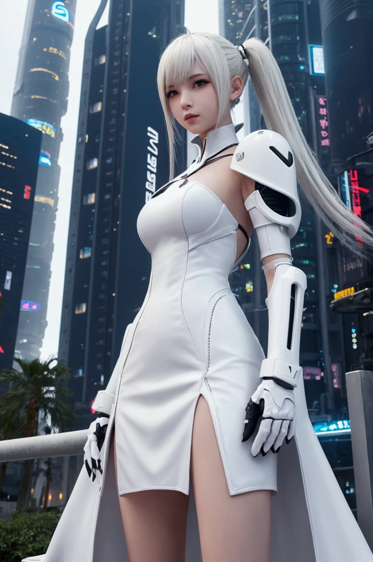 There is a woman standing with a palm tree in a futuristic city.。, Trending on pxiv, Twin tails white_gloves, Final Fantasy 14 Style, Style Game Square Enix, Nico in a white dress, Beautiful female android!, Trending on pxiv, Futuristic pose in Neo Tokyo, 2b ..., 2b, Lewd pose, Wearing white futuristic armor