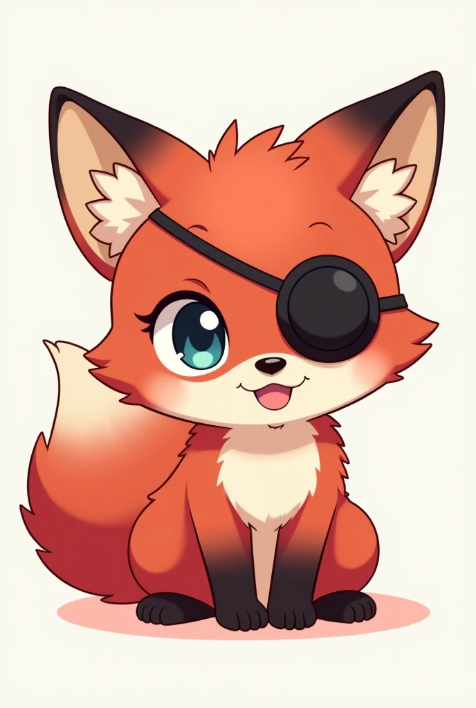 A chibi anime cartoon drawing of a dark red fox wearing a black eye patch over its left eye