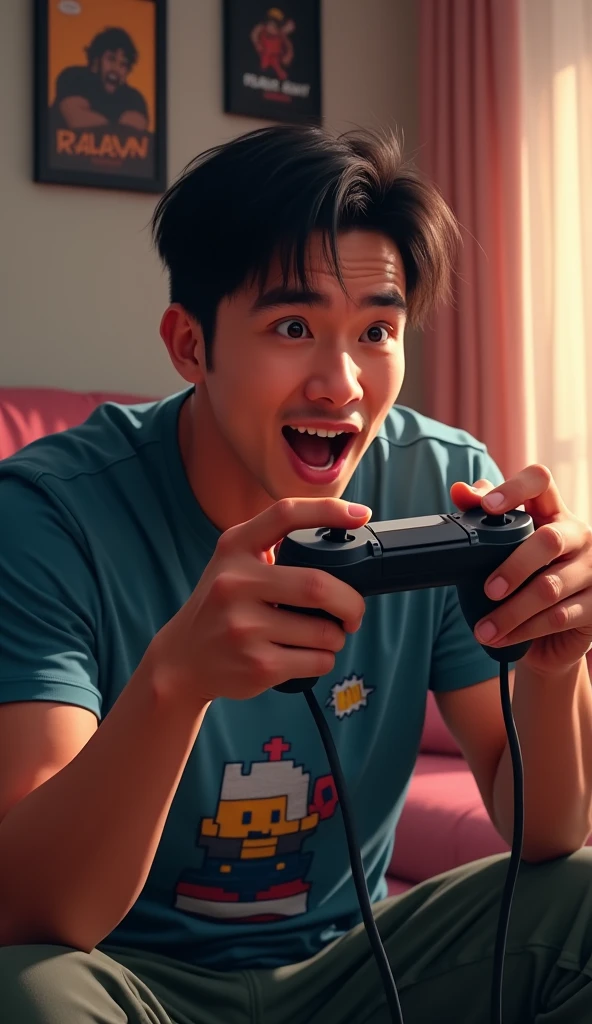 photorealistic, best quality, masterpiece, extremely detailed, (side view), close up, extremely handsome, 30 year old borneo man, no facial hair, muscular build, wearing 8bit graphic tshirt, happy shockedexpression, holds a video game console controller in right hand, left hand slaps his forehead, sitting on couch, in fun bedroom, movie posters on the wall, extremely romantic atmosphere, perfect face, perfect fingers, perfect hands, perfection