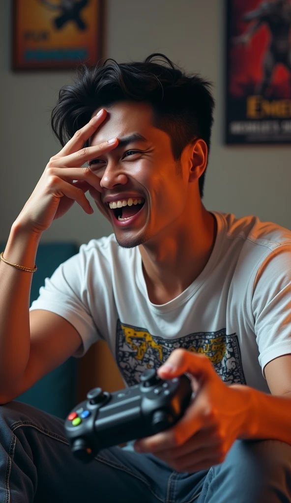 photorealistic, best quality, masterpiece, extremely detailed, (side view), close up, extremely handsome, 30 year old borneo man, no facial hair, muscular build, wearing 8bit graphic tshirt, happy shockedexpression, holds a video game console controller in right hand, left hand slaps his forehead, sitting on couch, in fun bedroom, movie posters on the wall, extremely romantic atmosphere, perfect face, perfect fingers, perfect hands, perfection