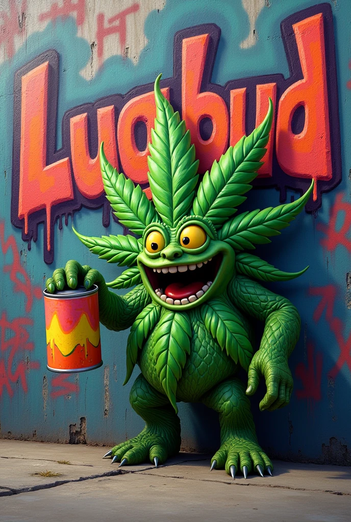 CANNABIS LEAF HOLDING A CAN OF PAINT IN FRONT OF A WALL WITH LUQBUD WRITTEN ON IT IN GRAFFITI FORM