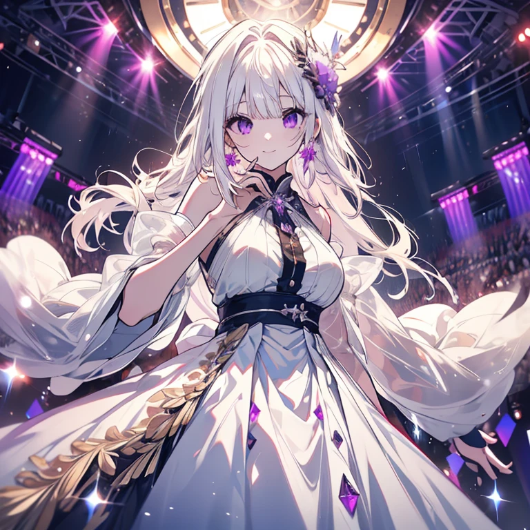 1 person、Mature、Ample breasts、Long Hair、White Hair、Straight Hair、Trimmed bangs、Hime cut、Purple Eyes、Elegant smile、Gorgeous Dress、See-through sleeves、Diva、Live Performance Venues、Spotlight、Excited audience、Many penlights、High resolution、Highest quality