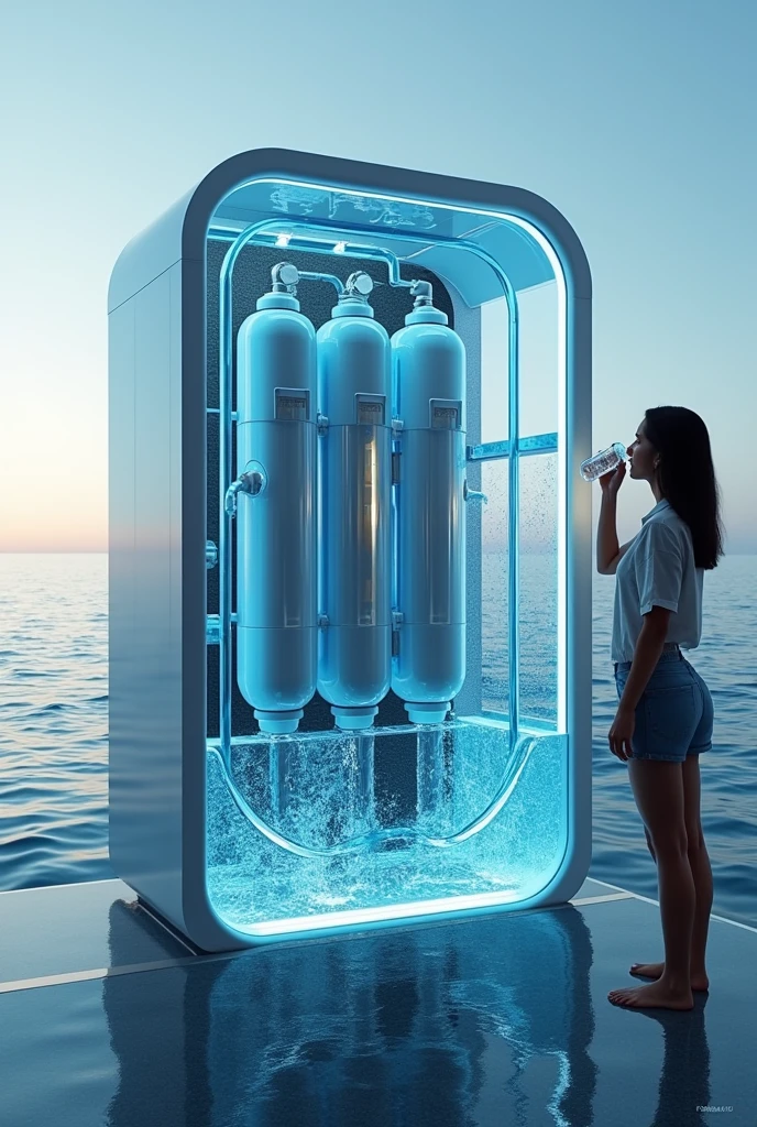 Show a machine desilation that is place in sea, water machine desilation that shows how water filtration work for some reason, it is going to be a drinkable water from sea water that is more safer and show one person drinking it freshly but she's standing patalikod