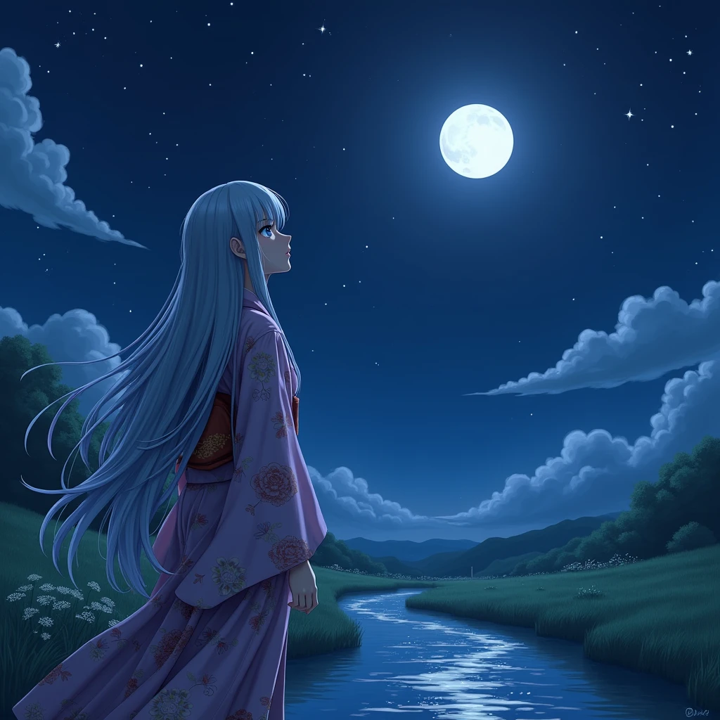 A beautiful anime goddess with long hair, dressed in a kimono, gazes up at the moon. The sound of a gentle stream flows in the tranquil night.