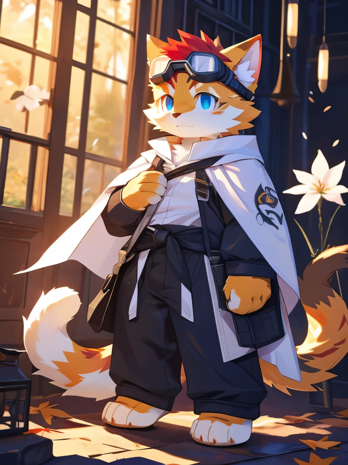 nj5furry，kemono，full-length portrait，anthro，hi res，male，Red hair，Orange cat，Goggles，bandage，White cape，strong，Fluffy hair，Plush paw，A tail，Delicate eyes，Detailed eyes