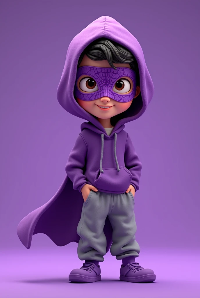 a cartoon male drawing with a purple spiderman mask, loose gray pants and a purple hood, the purple shoe and brown eyes, with a solid purple background