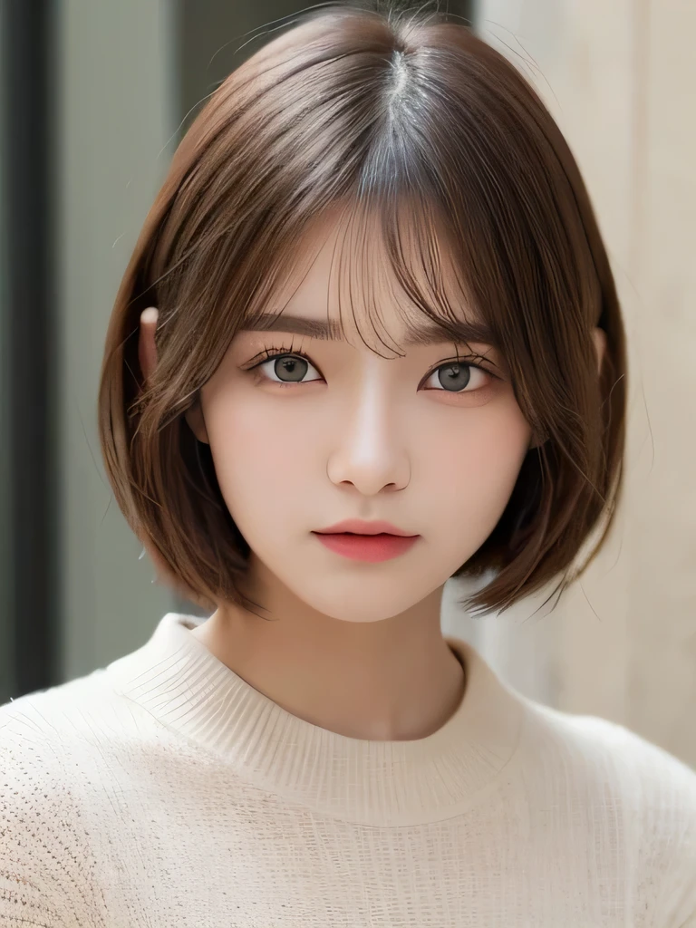 ((Browsing Caution))、(masterpiece:1.5)、(8k)、(Realistic:1.5)、RAW Photos、(Best image quality:1.4)、(Sharp focus:1.5)、 Highest quality、masterpiece、Ultra-high resolution、Perfect dynamic composition、 20-year-old、thin、Beautiful woman:1.4、Serious expression、 She is wearing a white long-sleeved knit dress.、 Light brown hair、Bobcut、Shiny Hair、 Highly detailed face、Detailed eyes、double eyelid、 Natural color lip、Beautiful Skin、