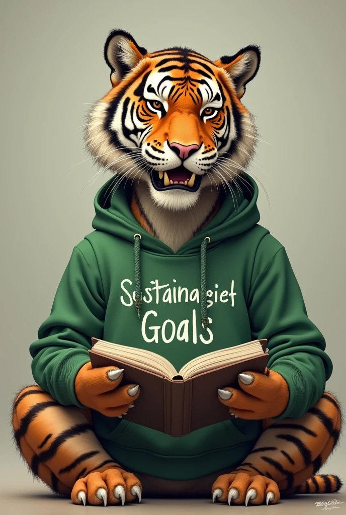Draw a saber-toothed tiger reading a book about the SDGs, with a green sweatshirt with a drawing 