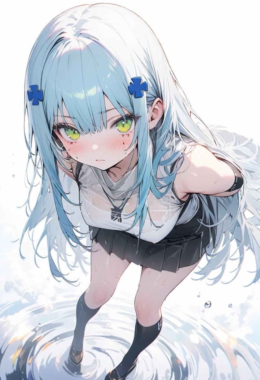 ((One person)),8k,Super detailed,(((High resolution))),straight hair,Large Breasts,(masterpiece),Very detailed,Simple Background,Juvenile,A sharp expression,White Background,Cool look,((hk416)) ,(Expressionless),((sky blue hair)),((Long Hair)),age Girls,Clear Eyes,(Green Eyes),Clear white skin,Great graphics,full body,mini skirt,standing,kneehighs,clear,Thighs,Beautiful feet,(NSFW),flifted tops by self,sweat