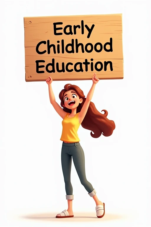Animated illustration of a young teacher holding a wooden sign above their head, facing the viewer. The sign reads 'Early Childhood Education' in a lively manner. The background is white. 