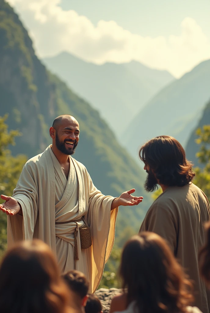 Buddha is giving a speech in the mountains. He opens his arms and smiles at people. He looks smart and smart and has fun and smiles. His face conveys deep wisdom and empathy, exuding warmth and understanding. He is a Japanese man whose smile reveals deep wisdom and empathy, and he is depicted as a kind-hearted Japanese man with a Buddha-like shaved head and a calm and cheerful expression. He wears a white robe and a straw hat. Jesus of Nazareth watches over the Buddha. He is depicted as a gentle, gentle man with shoulder-length hair. His wavy brown hair flows over his shoulders. they are shining. Japanese people are gathering around them. Photography, highly detailed, trending at the art station, sharp focus, studio shot, intricate details, Greg Rutkowski,