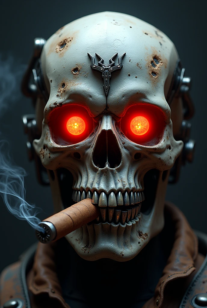 Skull metal red colour cigar on teeth high detail  front skull dark background  silver teeth fire eyes  motorcycle handle logo smoke effect robotic skull