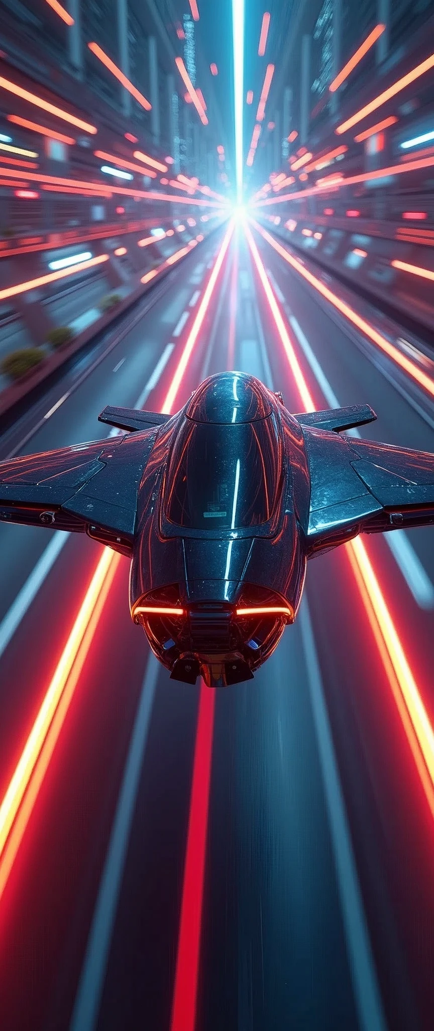 (masterpiece:1.2,Highest quality,Ultra-high resolution,Very detailed,Realistic,RAW Photos:1.2,Elaborate photos),8k,wallpaper,(Ray Tracing),(Future City:2.0),sf,cyber punk,(Streamlined and beautiful ultra-compact spacecraft:2.0),(The craft floats above the guiding lights:2.0),(Dynamic angle from the rear of the aircraft),night,(Rainbow-colored guiding lights:2.0),(Expectations are of running at high speed through a tunnel of light in the sky:2.0),(Motion Blur)