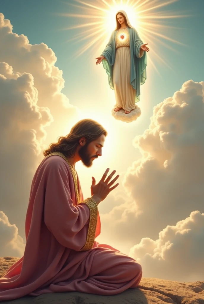 (photorealism:1.2), Crying Jesus Christ, kneel praying under of virgin Mary floating from the heaven that sorrounded of many clouds, wearing pink king clothes with light in his head and heart spreading all over, real five finger, real beautiful hair, real image, heaven outdoors, bright lighting, clouds in background, beautiful light, real heaven and clouds, relaxed pose, realistic, intricate details, bright colors,