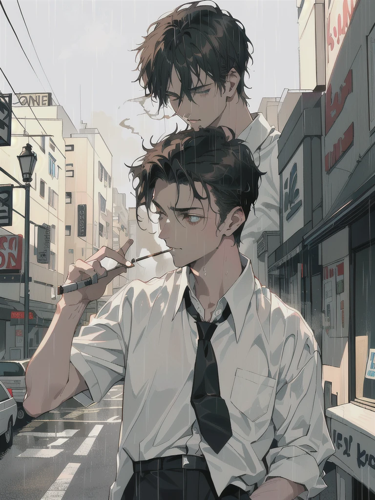Highly detailed ,Highest quality, high resolution, beautiful lighting, arafed man in a shirt and tie smoking a cigarette, short sleeve, (1 male, Adult male, 30 years old),fight club, scene from fight club movie, edward norton, cigarette in his mouth, the narrator, amazing, complex scene, taking a smoke break, rain, wet, stony, glen, very realistic film still, with a cigarette in its mouth, Hidden one hand in pocket, smug look, in the middle of the street, cowboy shot,