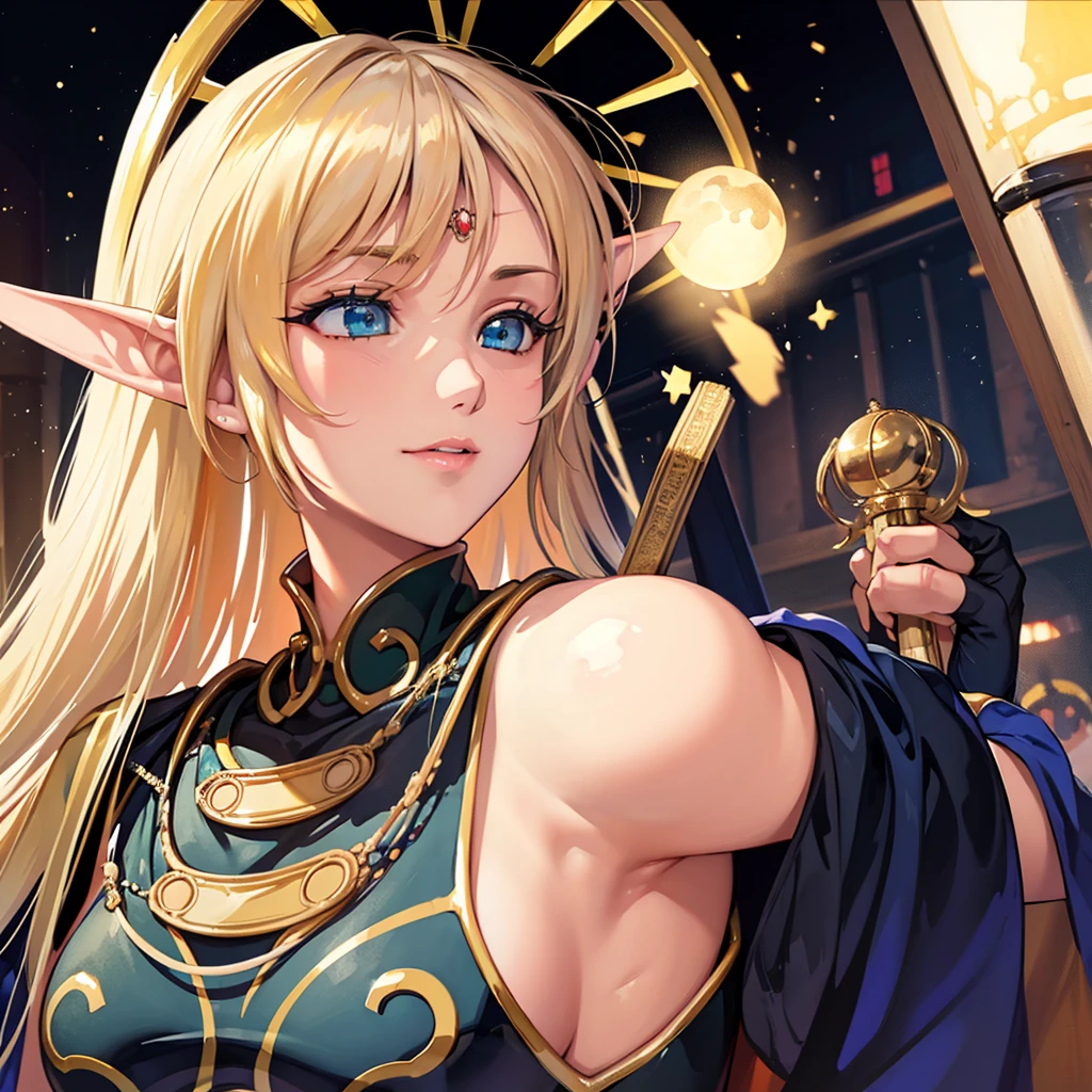 ((Highest quality)), ((masterpiece)), (detailed), （Perfect Face）、The woman is a High Elf in Deidrid, wearing a revealing long black slit dress with luxurious gold embroidery and trim, adorned with accessories.、The woman is a sacrifice offered to the Dark Truth