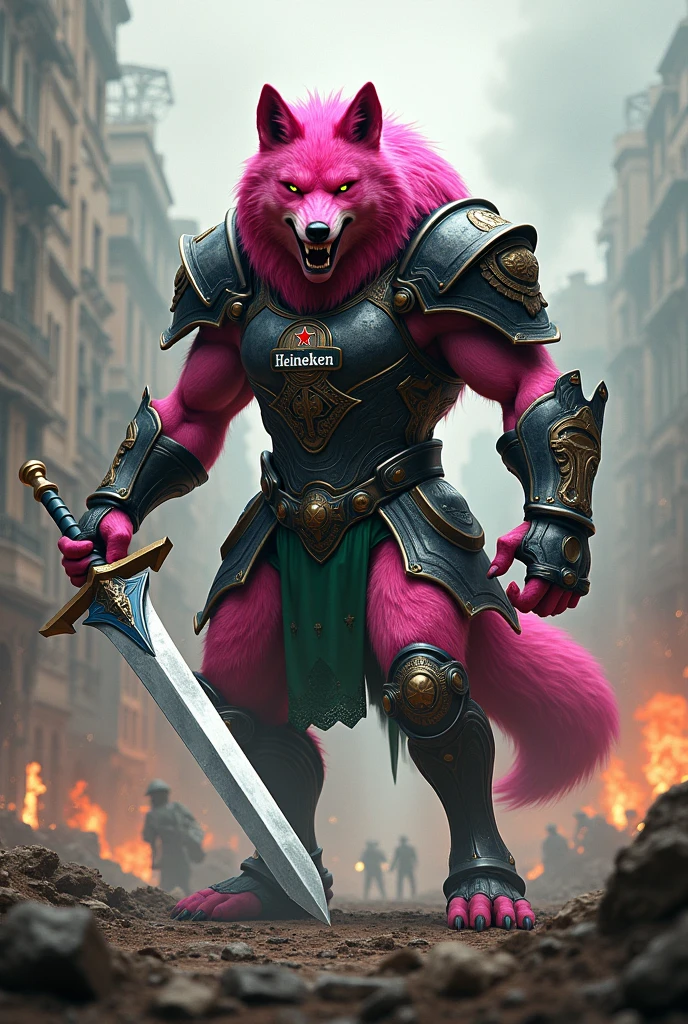 (photorealism:1.2), pink wolf ,beautiful, Heineken armor , sword, war background, fighting , aggressive
