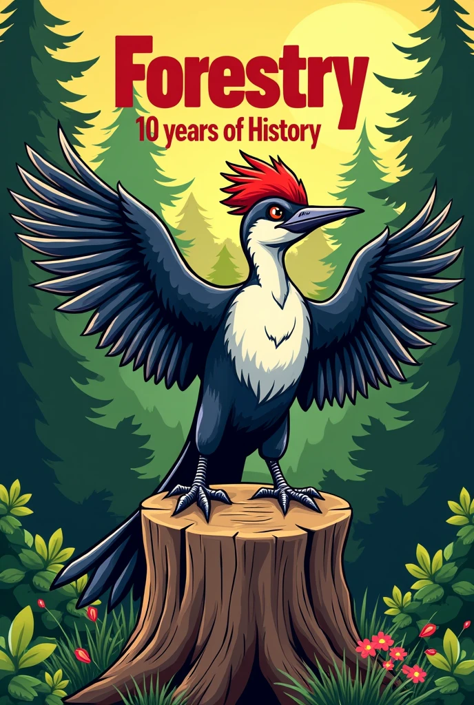 A pop art cartoon illustration of a woodpecker, perched on a tree stump with its wings spread, with a more aggressive look, to be used as a stamp for a university vest of a forestry athletics. Place trees in the background. The illustration must contain the writing "Forestry" above the woodpecker, and the writing "10 years of History" below the woodpecker