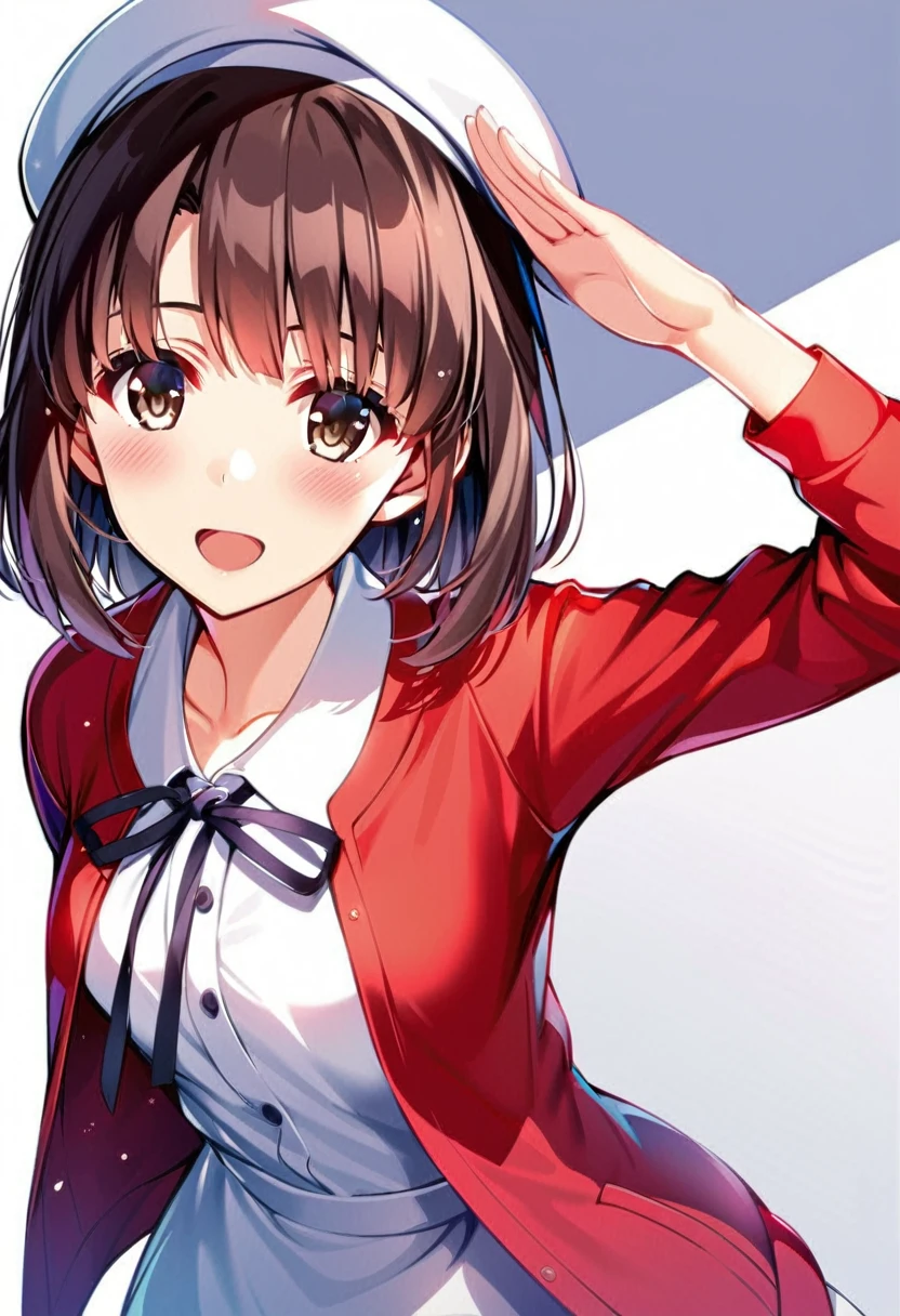 katou megumi, 1girl, solo, bangs, brown hair, hat, white headwear, dress, white background, looking at viewer, simple background, brown eyes, open mouth, short hair, ribbon, jacket, red jacket, black ribbon, blush, open clothes, smile, beret, salute, open jacket, arm behind back, collarbone, neck ribbon, long sleeves, :d, upper body, 