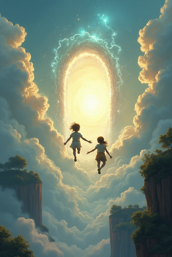 I want a landscape with two children flying and entering a portal