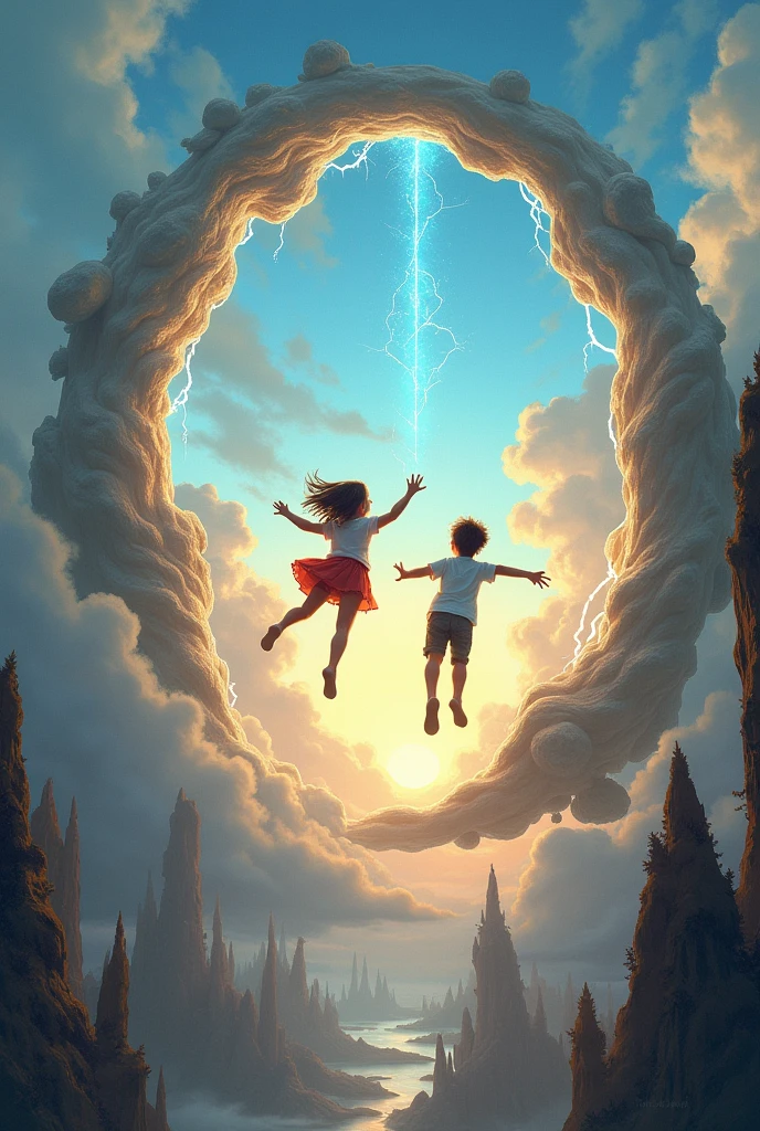 I want a landscape with two children flying and entering a portal