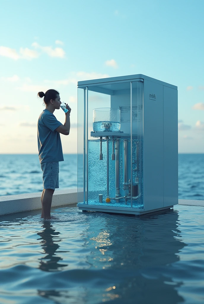 Show a machine desilation that is place in sea, water machine desilation that shows how water filtration work for some reason, it is going to be a drinkable water from sea water that is more safer and show one person drinking it freshly but she's standing patalikod