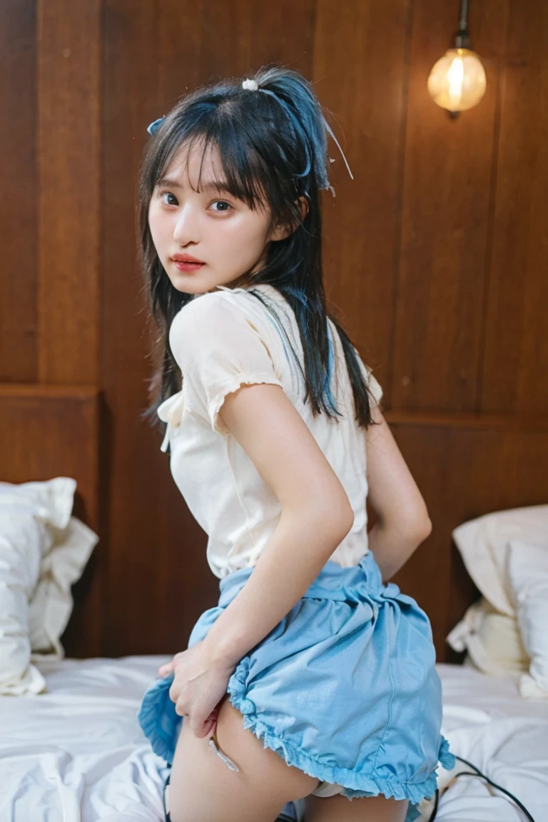 ((Frilly babydoll and matching shorts)), (blue hair:1.5) ,18 years old , cute face ,cleavage between breasts,large breasts,cute face, ponytail ,wave hair,darkcyan eyes, masterpiece, extremely fine and beautiful,gravure,wet body,wet hair,embarrassed,upturned eyes,nsfw,Hourglass figure,nsfw, bedroom, on the bed, , (stick out :1.3), (show your :1.8), crawling position on their hands and knees