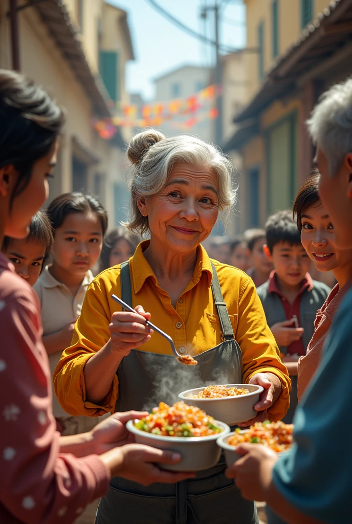 The old female chef with a kind face wear rooster shirt, distribute charity meals to the poor