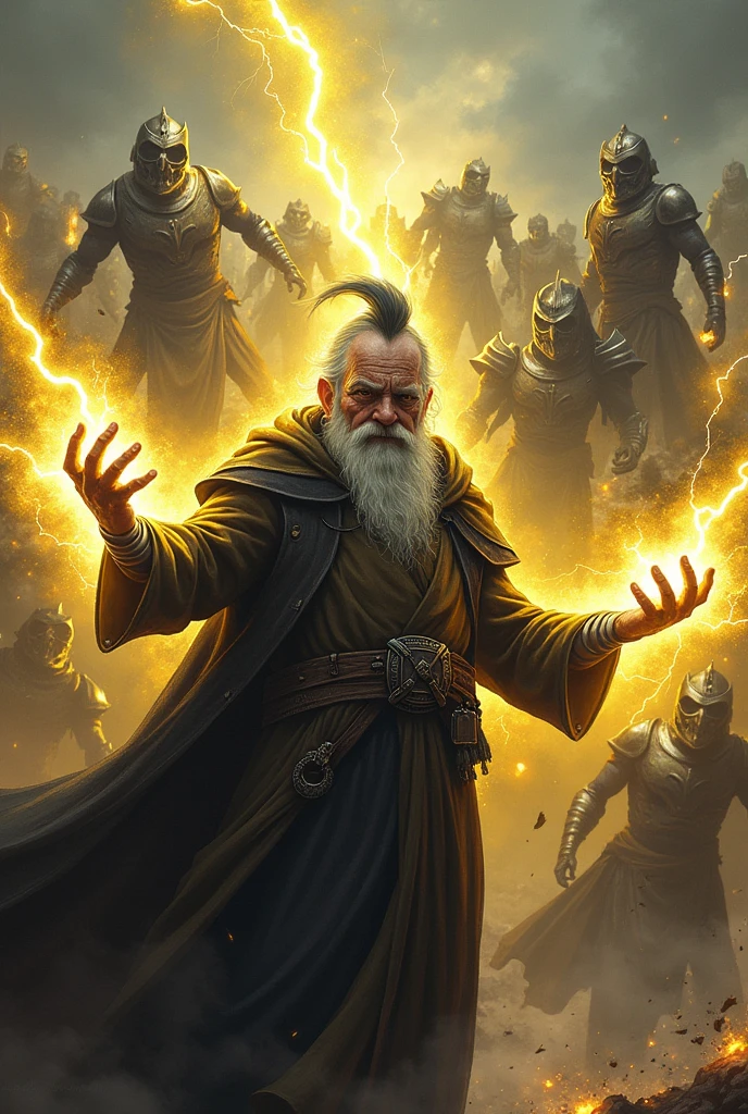 Draw an old man with black hair and yellow lines like lightning., With powers of electricity, that his hands are bandaged while he faces an exercise of thousands of armored beasts with powers and that he uses two rays as a weapon 