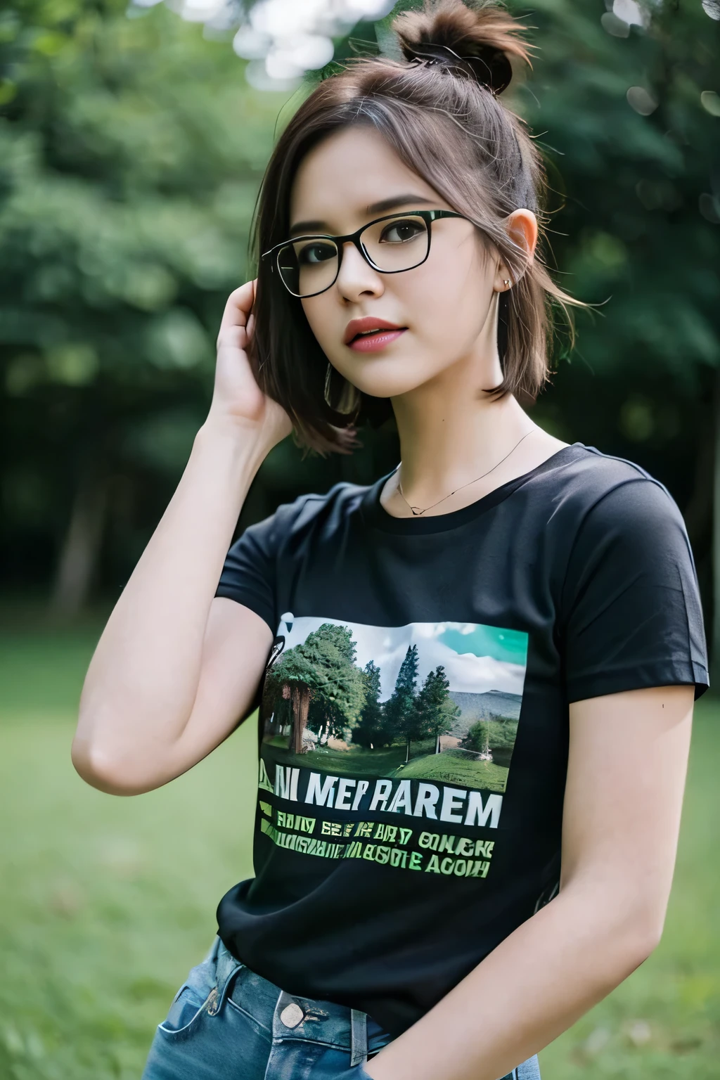 punk girl wearing glasses and a dark shirt, blurred green grass and trees in the background, short brown hair, detailed face, high quality, high resolution