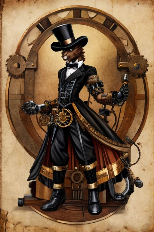 a black top hat with robotic arms coming out of the hat, Steampunk