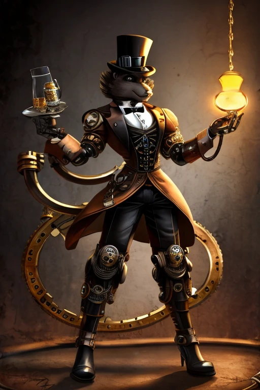 a black top hat with robotic arms coming out of the hat, Steampunk