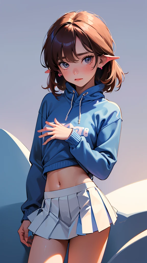 (Best quality, A high resolution), (ultra detail), (1. Baby Michelle), (1 beautiful girl), (underwear, with medium straight hair, bottomwear, in a white miniskirt with pleats and ears, blue sweatshirt , on a naked body).(written on the chest &#39; Future funk&#39). (amidst a vibrant futuristic cityscape, illuminated by neon lights). (More than 8K.motor surreal:1.4,HD,La Best quality:1.4, Photorealistic:1.4, skin texture:1.4, masterpiece:1.8,masterpiece, Best quality, Объект Object).(detailed facial features:1.3) ,(Correct proportions),(Beautiful blue eyes:1.4), (Cowboy pose), (more details:1.4), ,(Cyberpunk 2.1), (kawaii style: 1.4); , (ice element:1.4),(White underwear:V2.1)