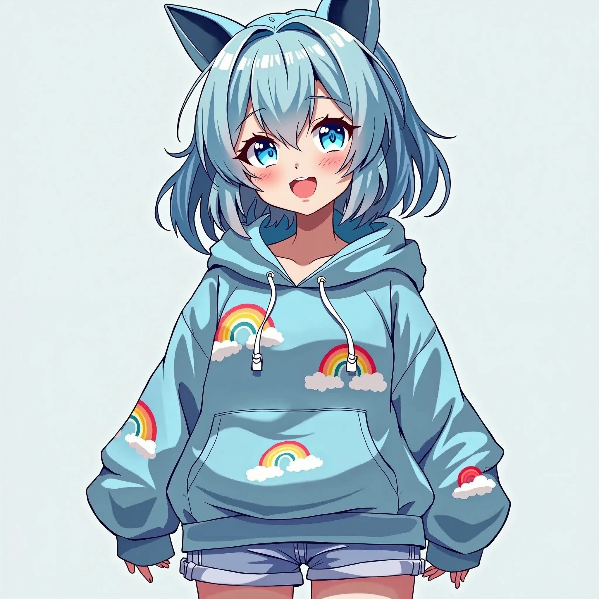 A girl with light blue hair wearing a light blue hoodie with rainbows and clouds over it while wearing shorts and a she has light blue eyes with a very very massive ass and massive boobs