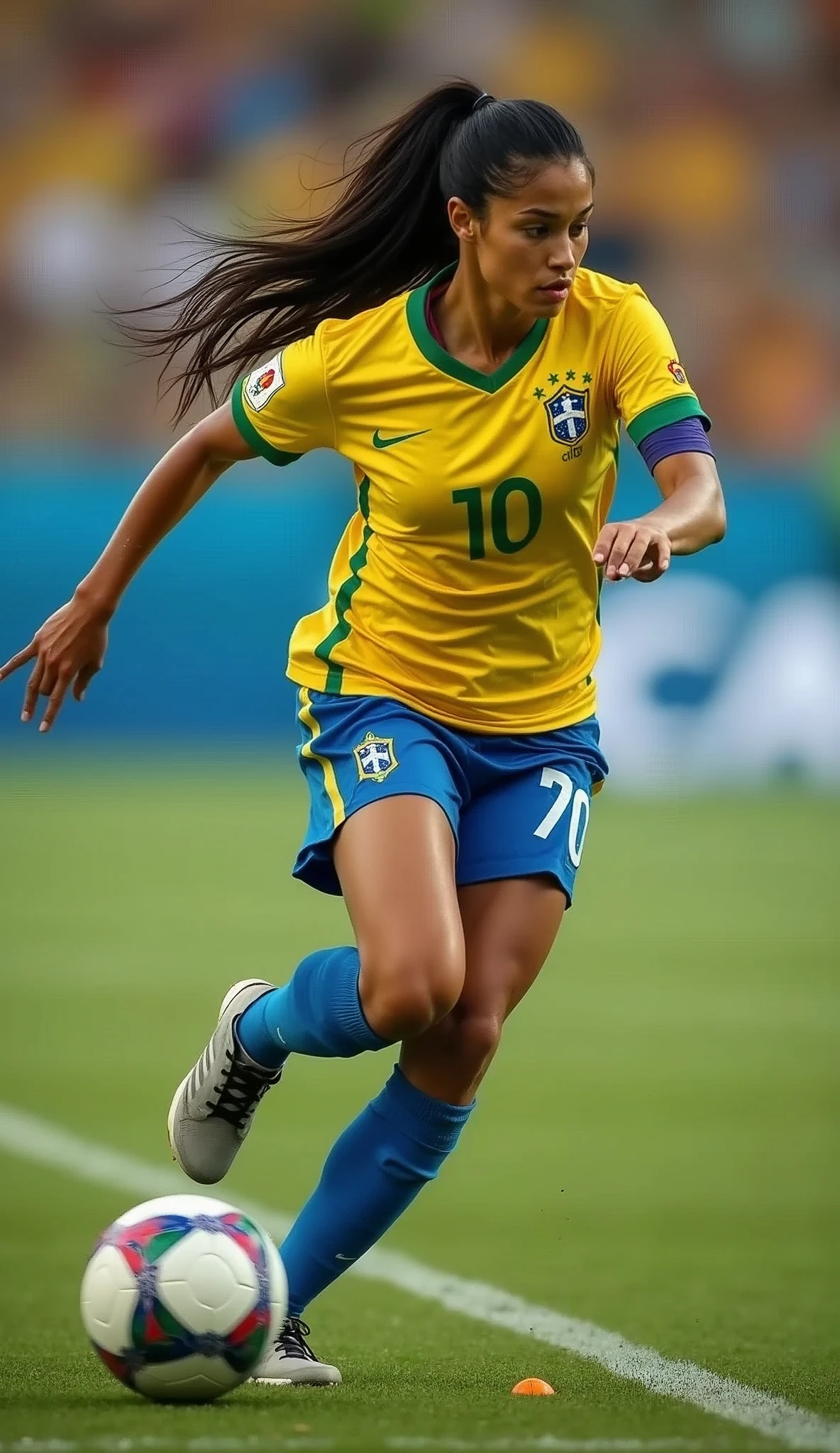 A very beautiful woman wearing the yellow uniform of the Brazilian national team and taking a shot.