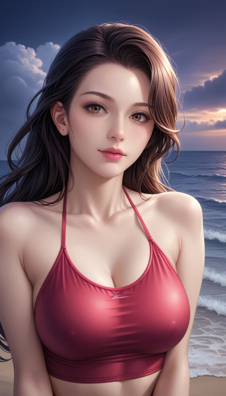 score_9, score_8_superior, score_7_superior, High-resolution CG illustration,A masterpiece in 32K resolution,Highest quality,it is really amazing,Very detailed,Ultra-high resolution,Ultra-realistic,Realistic,Increased depth of field,Cinematic lighting,
Sexy mature Japan woman,
Straight long hair with black hair,Ultra-detailed and beautiful face,Calm and gentle look,Beautiful brown eyes,Translucent white skin,Realistic skin texture,Great proportions,
Elegant red swimsuit,
Simple design,Chic color scheme based on red,Detailed fabric texture,
(Dark overcast sky on a dull night:1.1),(Dark clouds filling the sky:1.1),Thundercloud,Coastline at night,Stormy seas,delay々A desolate sandy beach that continues,
sitting on the beach,High angle,