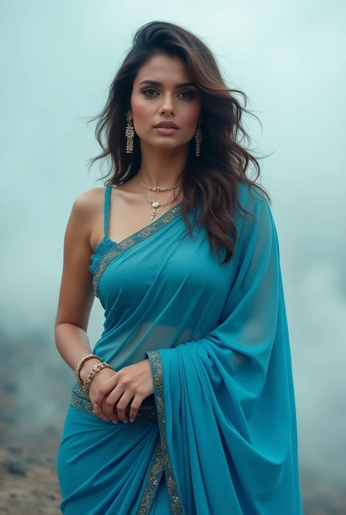 Kriti sanon in blue saree, showing hips, cloud, noises, hot pose, no sunlight, no shining, realistic, raw photo