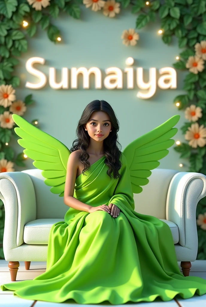 Create 3D picture of a beautiful 18 year old girl sittingon the white sofa set chair, the girl is wearing a neongreen saree, background wall decorate in flower andleaves and written on capital Big font white colourসুমাইয়া' and wing are green colour look like angel.