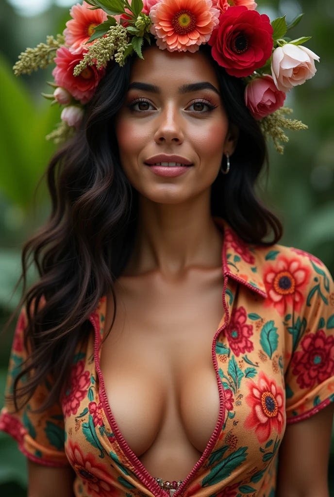 A Brazilian woman in exuberant everyday variations, wearing an open shirt with a floral print, with a close-up capturing the harmonious beauty between her breasts and the natural flowers, showing off your natural charm and outgoing personality.