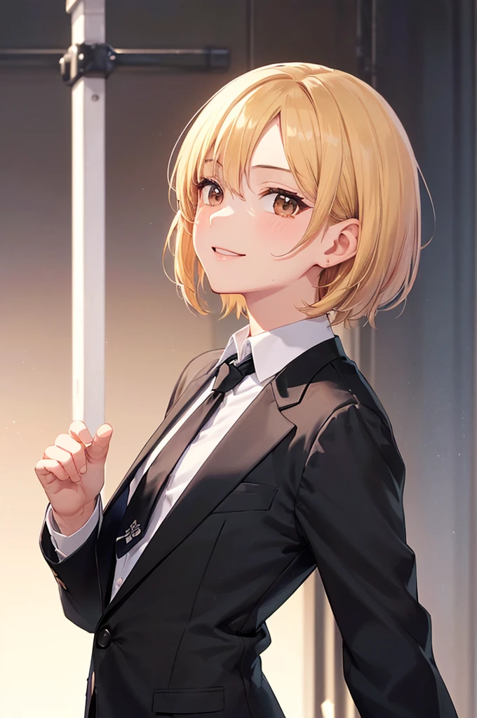 (((masterpiece; best quality: 1.2))), (detailed eyes: 1.3), ((1 young man)), ((solo)), (brown eyes: 1.4), (body shape; lean, masculine, manly: 1.3), (short blond hair: 1.3), (clear background: 1.2), ((depth of field)), (equipment: male school uniform + black jacket + black necktie + white shirt: 1.3), (anime illustration: 1.2), (background composition; japanese highschool classroom + furniture: 1.1), (handsome: 1.1), (shot composition; standing + centered on face + bust close-up: 1.5), (facial expression; calm + smile: 1.2)