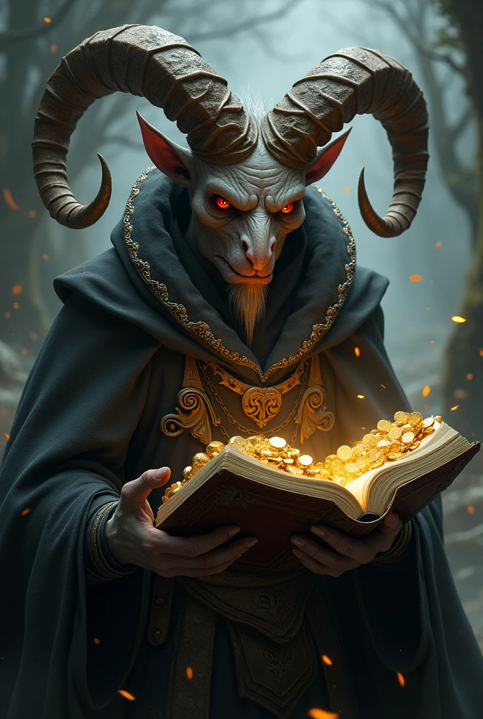 A demon with goat horns holds a book in one hand and gold in the other with a sly face