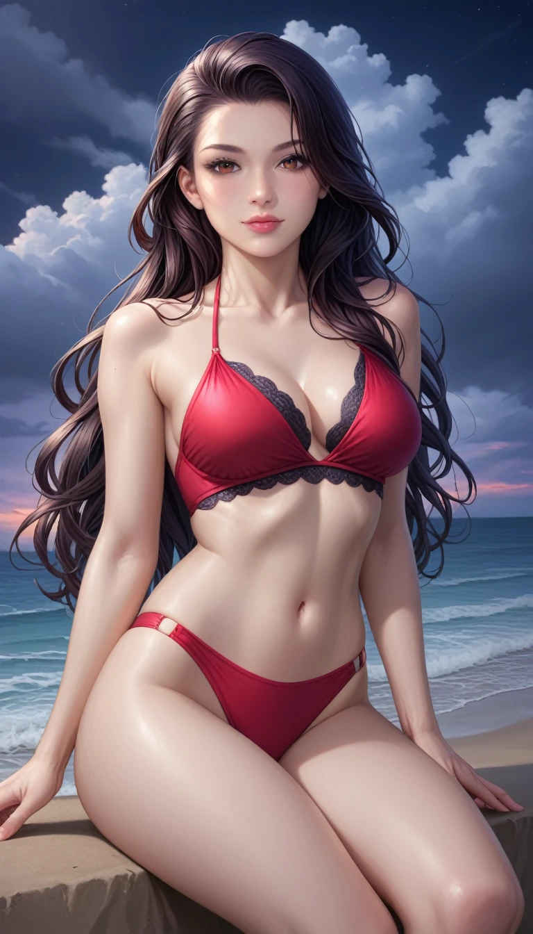 score_9, score_8_superior, score_7_superior, High-resolution CG illustration,A masterpiece in 32K resolution,Highest quality,it is really amazing,Very detailed,Ultra-high resolution,Ultra-realistic,Realistic,Increased depth of field,Cinematic lighting,
Sexy mature Japan woman,
Straight long hair with black hair,Ultra-detailed and beautiful face,Calm and gentle look,Beautiful brown eyes,Translucent white skin,Realistic skin texture,Great proportions,
Elegant red swimsuit,
Simple design,Chic color scheme based on red,Detailed fabric texture,
(Dark overcast sky on a dull night:1.1),(Dark clouds filling the sky:1.1),Thundercloud,Coastline at night,Stormy seas,delay々A desolate sandy beach that continues,
sitting on the beach,High angle,