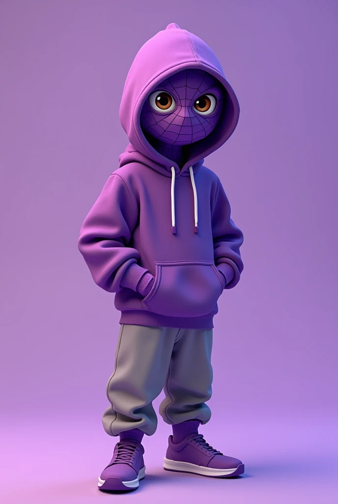 a cartoon male drawing with a purple spiderman mask, loose gray pants and a purple hood, the purple shoe and brown eyes, with a solid purple background