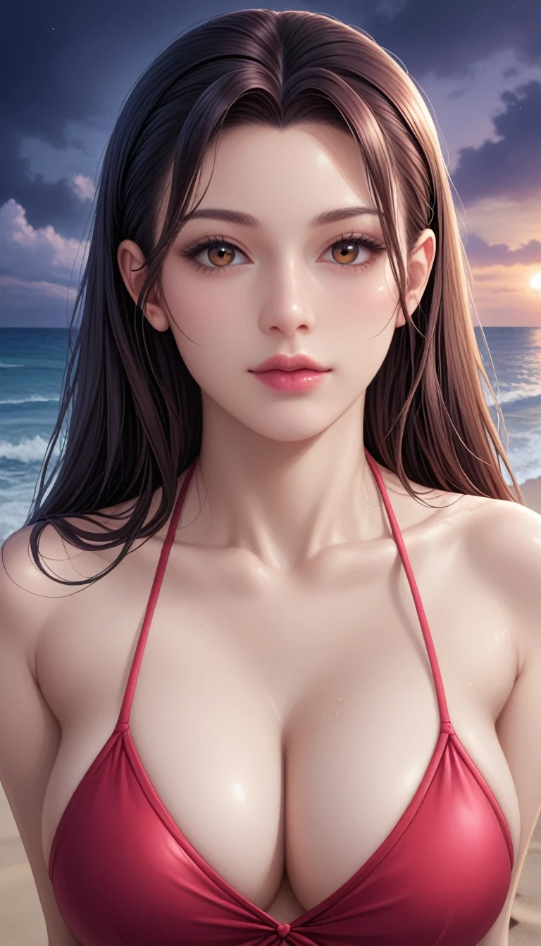 score_9, score_8_superior, score_7_superior, High-resolution CG illustration,A masterpiece in 32K resolution,Highest quality,it is really amazing,Very detailed,Ultra-high resolution,Ultra-realistic,Realistic,Increased depth of field,Cinematic lighting,
Sexy mature Japan woman,
Straight long hair with black hair,Ultra-detailed and beautiful face,Calm and gentle look,Beautiful brown eyes,Translucent white skin,Realistic skin texture,Great proportions,
Elegant red swimsuit,
Simple design,Chic color scheme based on red,Detailed fabric texture,
(Dark overcast sky on a dull night:1.1),(Dark clouds filling the sky:1.1),Thundercloud,Coastline at night,Stormy seas,delay々A desolate sandy beach that continues,
sitting on the beach,High angle,