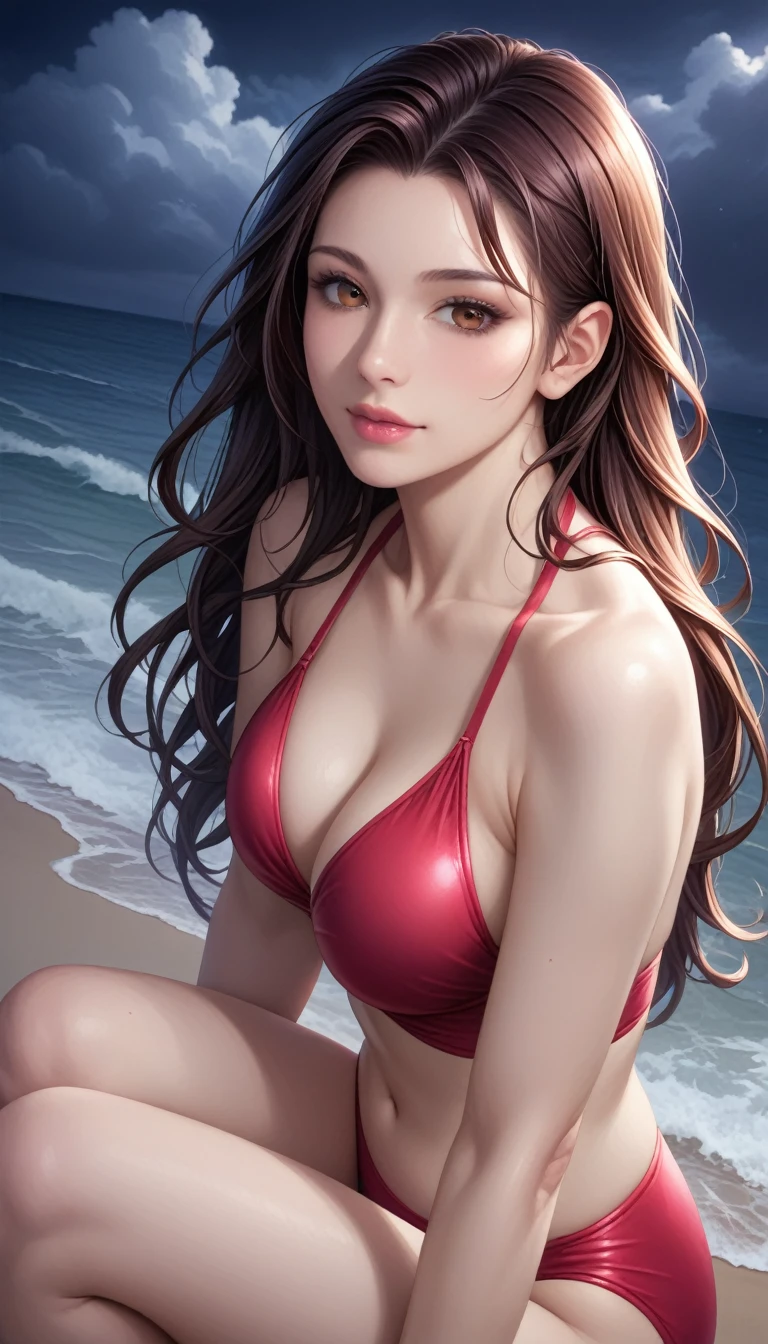 score_9, score_8_superior, score_7_superior, High-resolution CG illustration,A masterpiece in 32K resolution,Highest quality,it is really amazing,Very detailed,Ultra-high resolution,Ultra-realistic,Realistic,Increased depth of field,Cinematic lighting,
Sexy mature Japan woman,
Straight long hair with black hair,Ultra-detailed and beautiful face,Calm and gentle look,Beautiful brown eyes,Translucent white skin,Realistic skin texture,Great proportions,
Elegant red swimsuit,
Simple design,Chic color scheme based on red,Detailed fabric texture,
(Dark overcast sky on a dull night:1.1),(Dark clouds filling the sky:1.1),Thundercloud,Coastline at night,Stormy seas,delay々A desolate sandy beach that continues,
sitting on the beach,High angle,