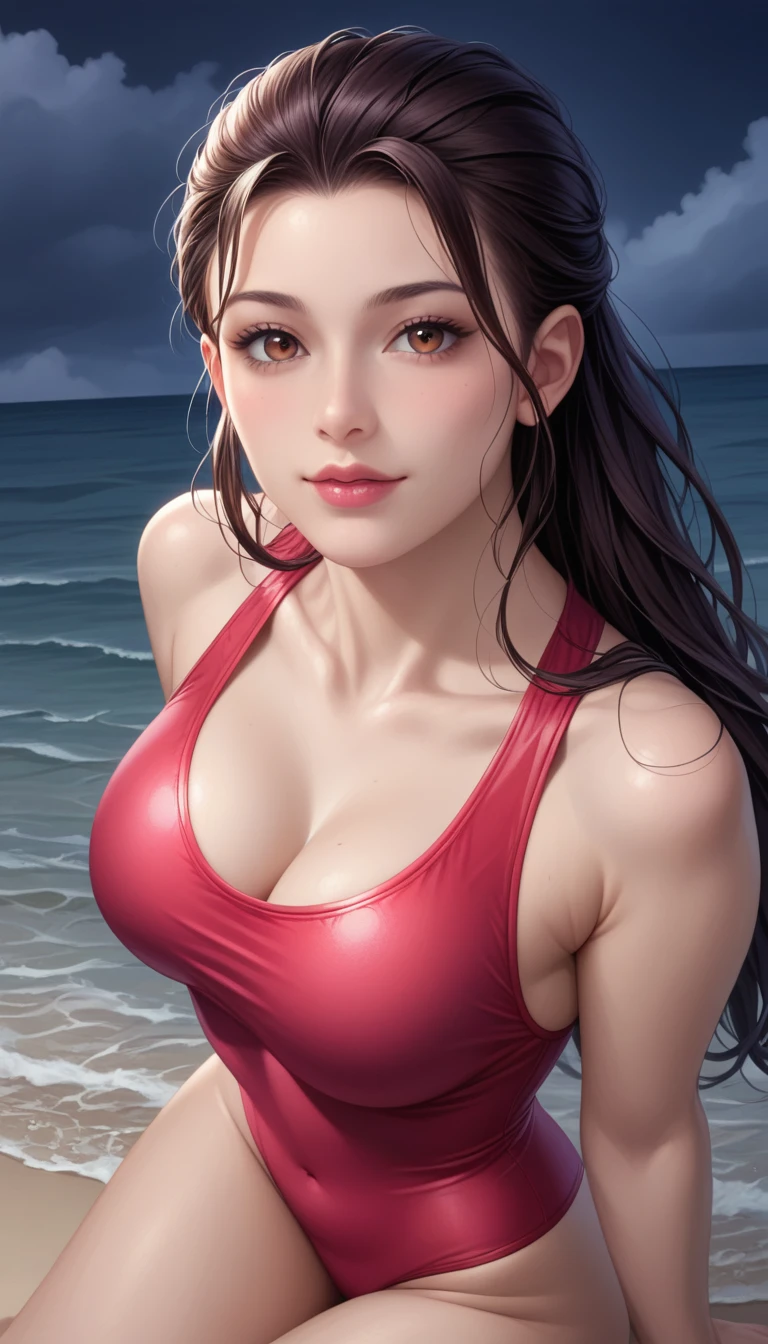 score_9, score_8_superior, score_7_superior, High-resolution CG illustration,A masterpiece in 32K resolution,Highest quality,it is really amazing,Very detailed,Ultra-high resolution,Ultra-realistic,Realistic,Increased depth of field,Cinematic lighting,
Sexy mature Japan woman,
Straight long hair with black hair,Ultra-detailed and beautiful face,Calm and gentle look,Beautiful brown eyes,Translucent white skin,Realistic skin texture,Great proportions,
Elegant red swimsuit,
Simple design,Chic color scheme based on red,Detailed fabric texture,
(Dark overcast sky on a dull night:1.1),(Dark clouds filling the sky:1.1),Thundercloud,Coastline at night,Stormy seas,delay々A desolate sandy beach that continues,
sitting on the beach,High angle,