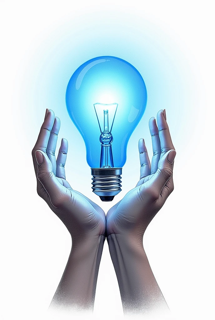 an image of two hands holding a blue light bulb that runs through energy, so that the drawing looks like it was drawn by hand, it can be cut out around the drawing and it is on a white background.