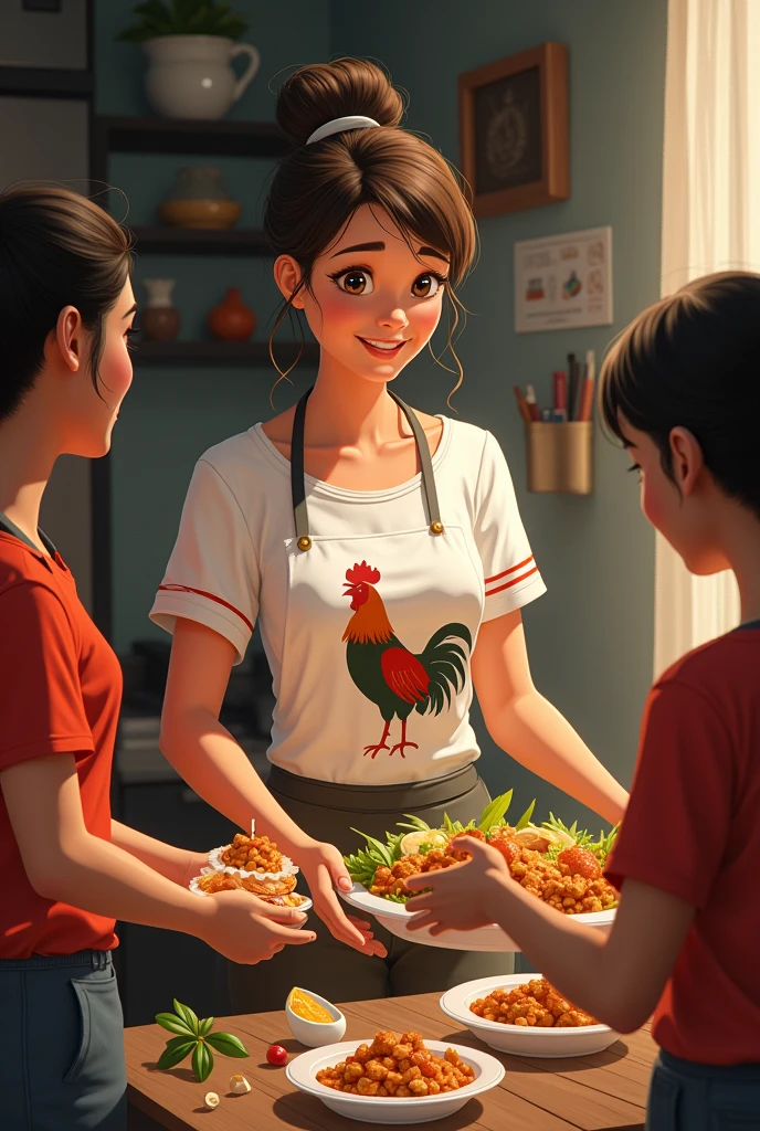 The female chef with a kind face wear rooster shirt, distribute charity meals to the poor