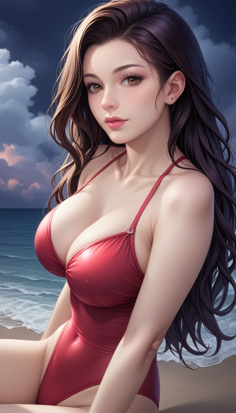 score_9, score_8_superior, score_7_superior, High-resolution CG illustration,A masterpiece in 32K resolution,Highest quality,it is really amazing,Very detailed,Ultra-high resolution,Ultra-realistic,Realistic,Increased depth of field,Cinematic lighting,
Sexy mature Japan woman,
Straight long hair with black hair,Ultra-detailed and beautiful face,Calm and gentle look,Beautiful brown eyes,Translucent white skin,Realistic skin texture,Great proportions,
Elegant red swimsuit,
Simple design,Chic color scheme based on red,Detailed fabric texture,
(Dark overcast sky on a dull night:1.1),(Dark clouds filling the sky:1.1),Thundercloud,Coastline at night,Stormy seas,delay々A desolate sandy beach that continues,
sitting on the beach,High angle,